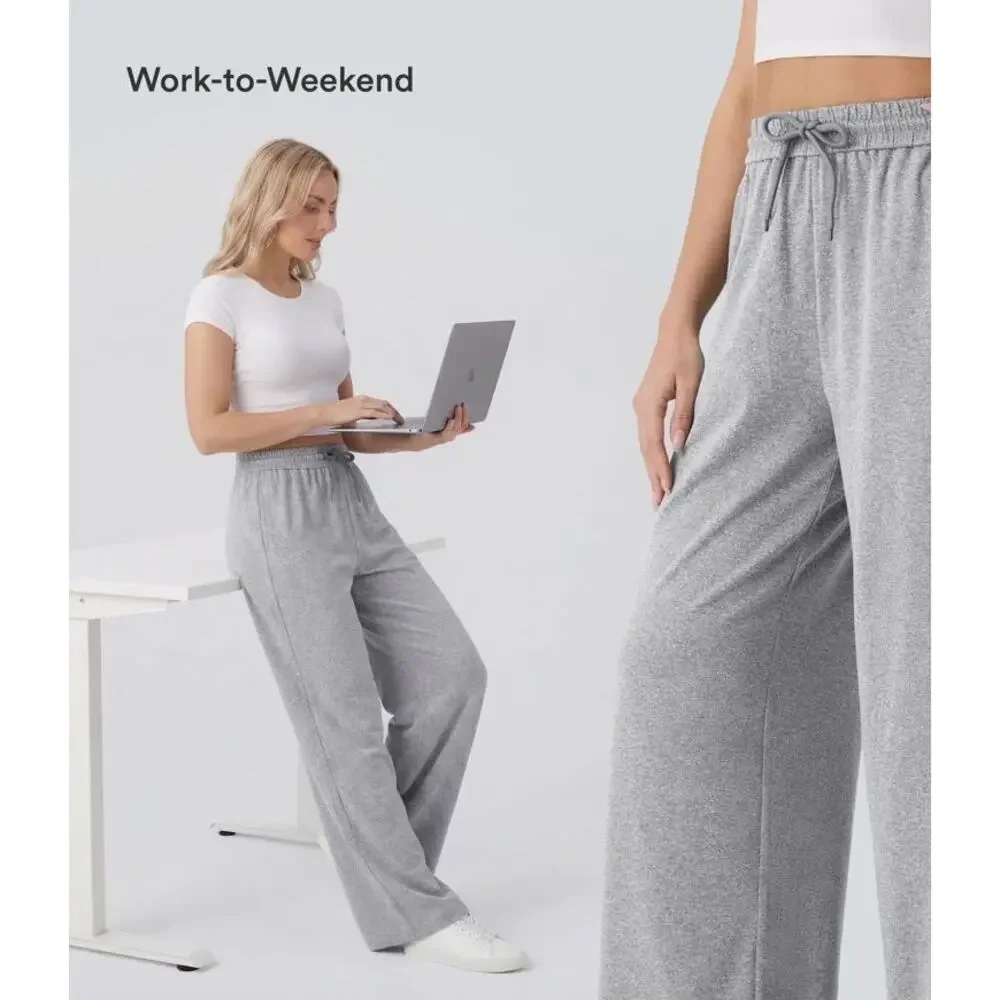 NEW Halara High Waisted Drawstring Wide Leg Pants Fog Gray Lounge Casual Chic XL - Picture 5 of 13